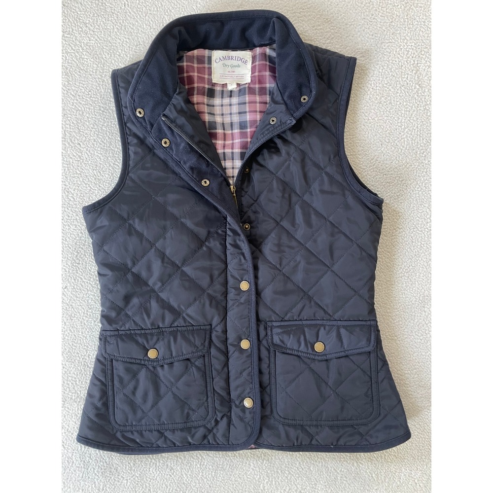 Cambridge Dry Goods Womens Small Quilted Vest Navy Blue Plaid Lined Snap Front